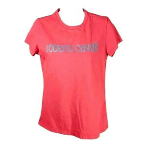Roberto Cavalli T-Shirt Red Women's Medium Glitter Spellout Logo Short Sleeve